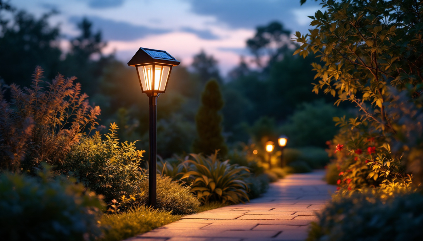 A photograph of a beautifully designed solar outdoor lamp post illuminating a garden pathway at dusk