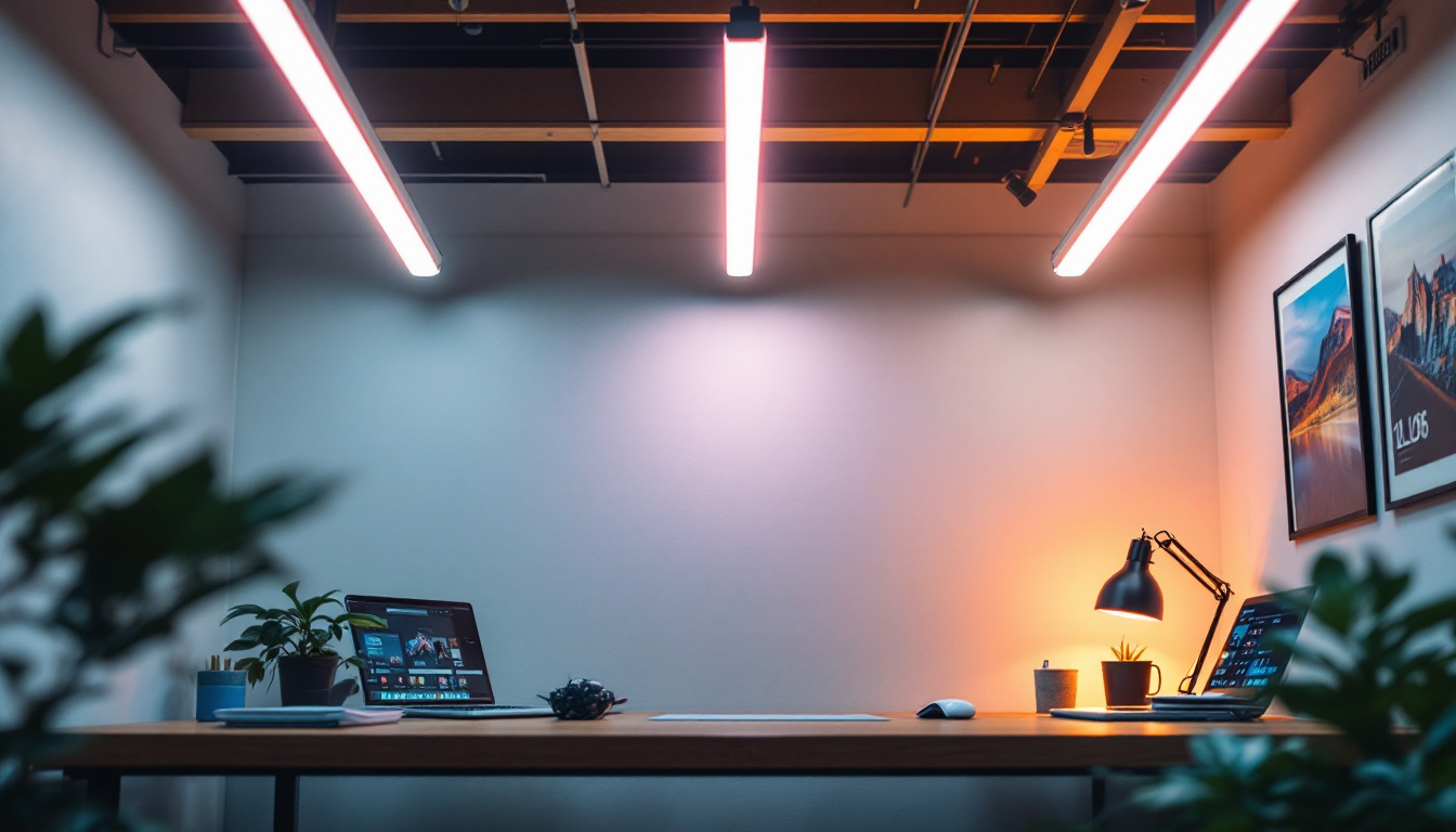 A photograph of capture a photograph of a well-lit workspace or room featuring four-foot led tubes installed along the ceiling or walls