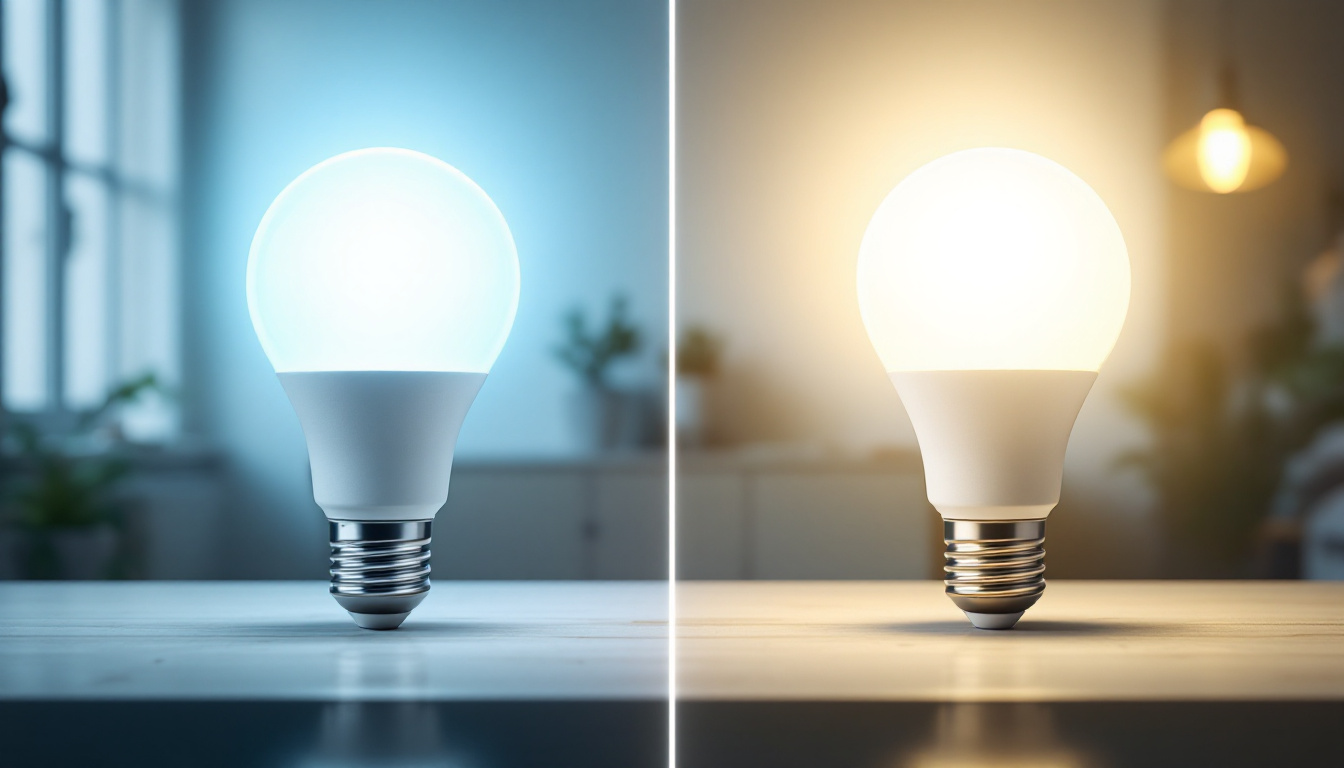 A photograph of a side-by-side comparison of t8 and t12 fluorescent bulbs illuminated in a well-lit environment