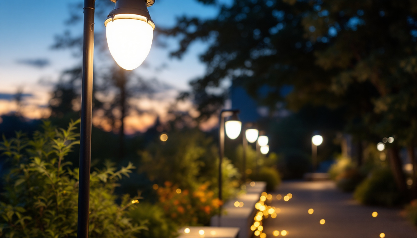 A photograph of a beautifully illuminated outdoor space featuring various flood light bulbs in use