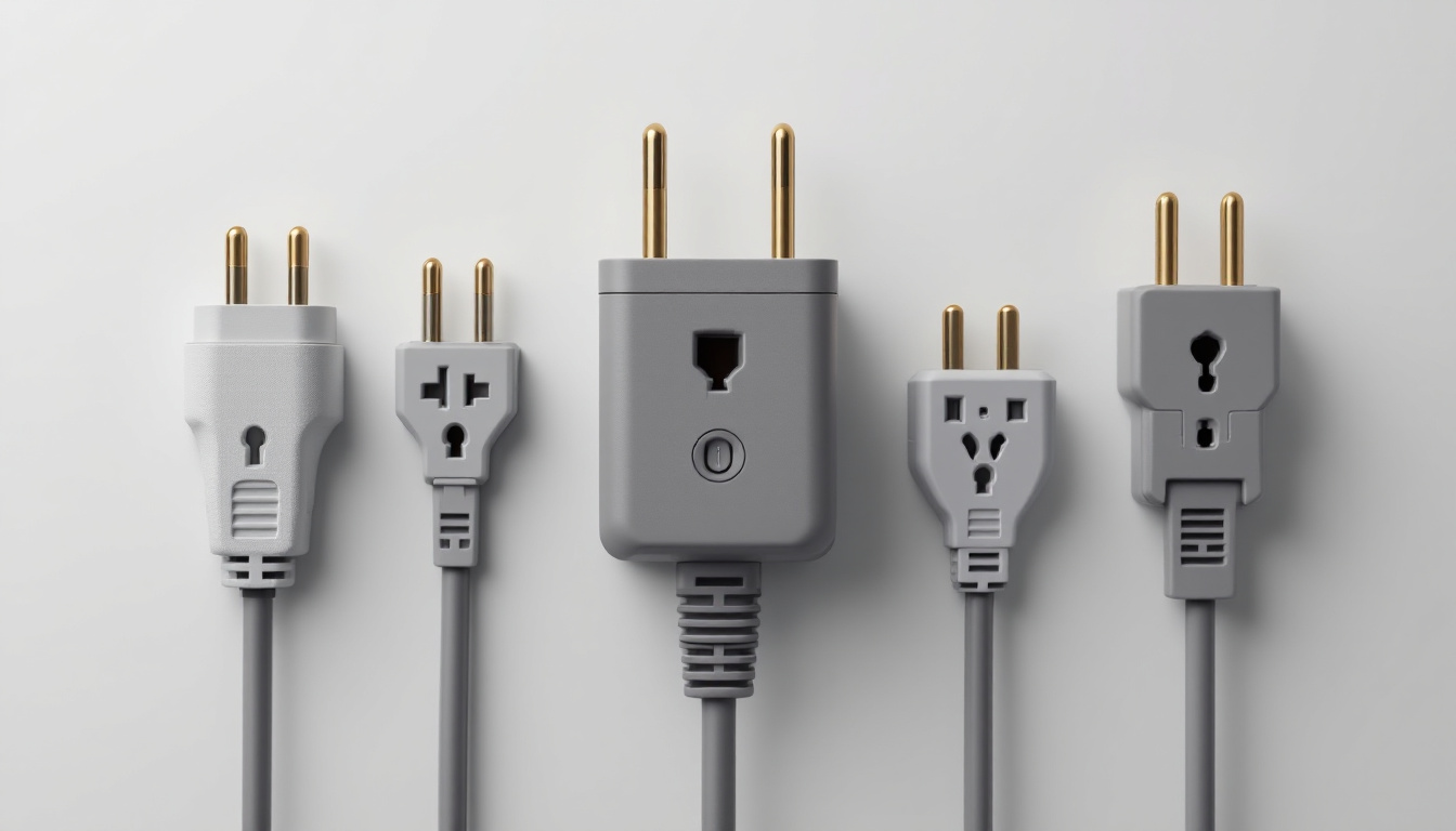 A photograph of a close-up of various types of electrical plugs specifically designed for dryers