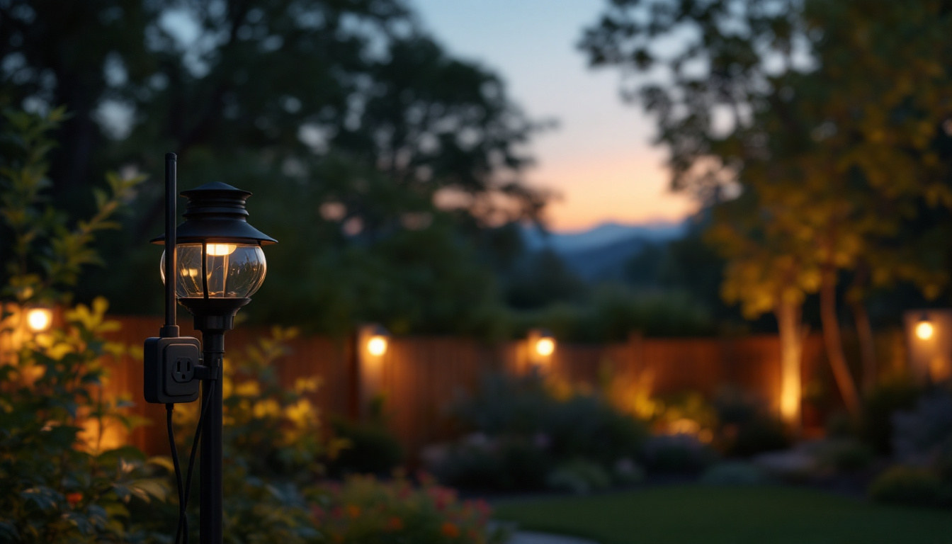 A photograph of a stylish outdoor lamp post with an integrated electrical outlet
