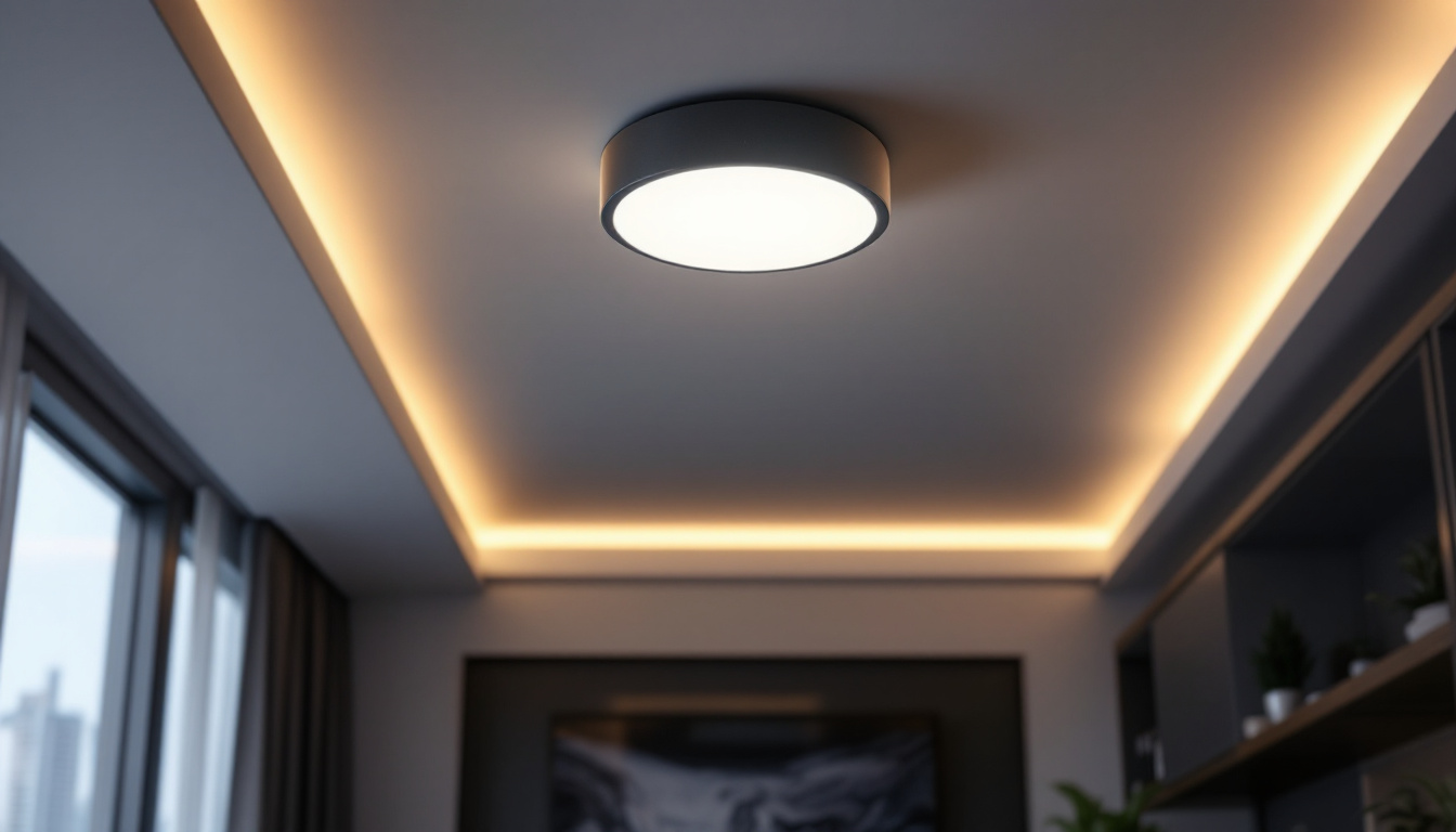 A photograph of a stylishly designed led flush mount light fixture installed in a modern home setting