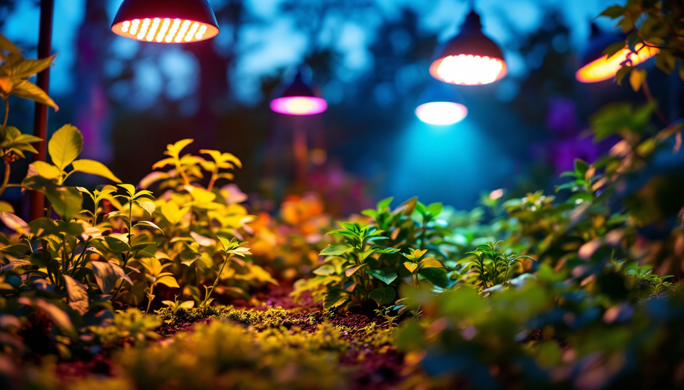 A photograph of a vibrant outdoor garden illuminated by various types of grow lights at dusk