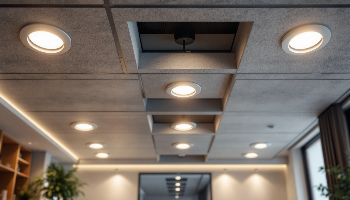 A photograph of a stylishly designed drop ceiling with recessed can lights illuminating a modern interior space