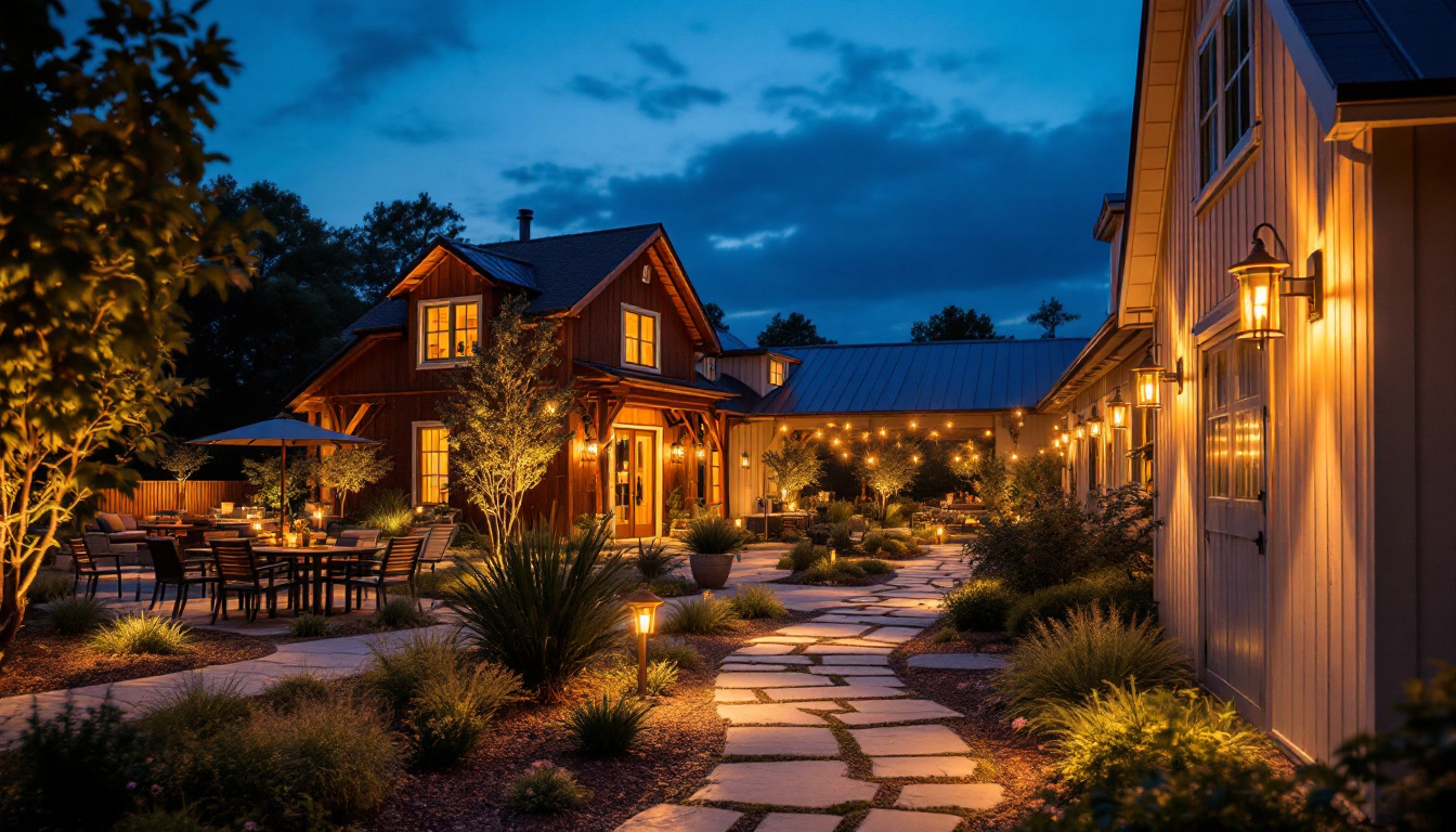 A photograph of a beautifully designed outdoor space featuring various styles of barn lights illuminating pathways and architectural elements