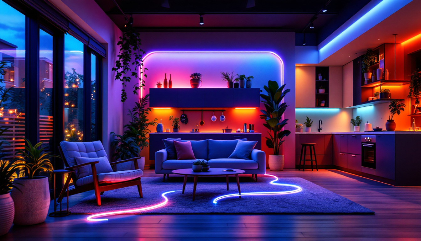 A photograph of a vibrant and dynamic scene featuring flexible led strip lights in various settings