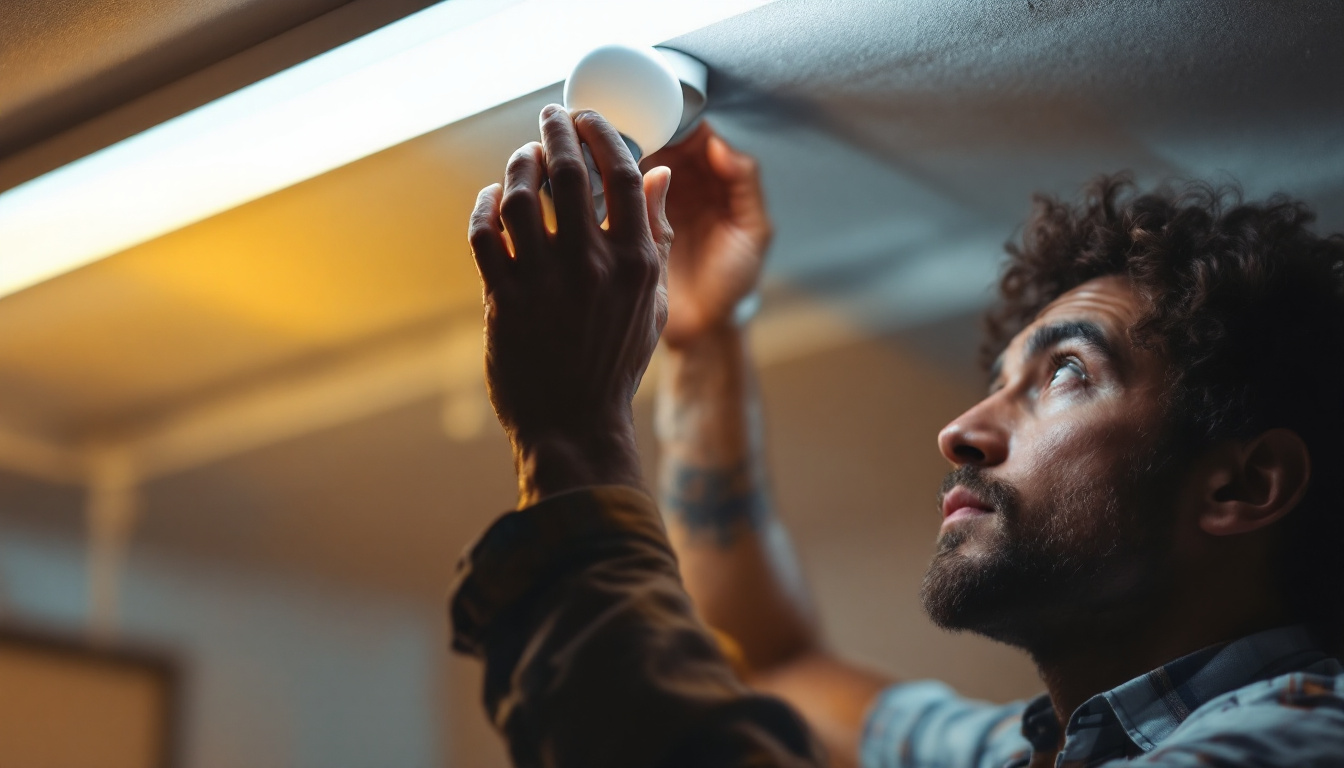 A photograph of a close-up shot of a person installing a fluorescent light bulb in a ceiling fixture