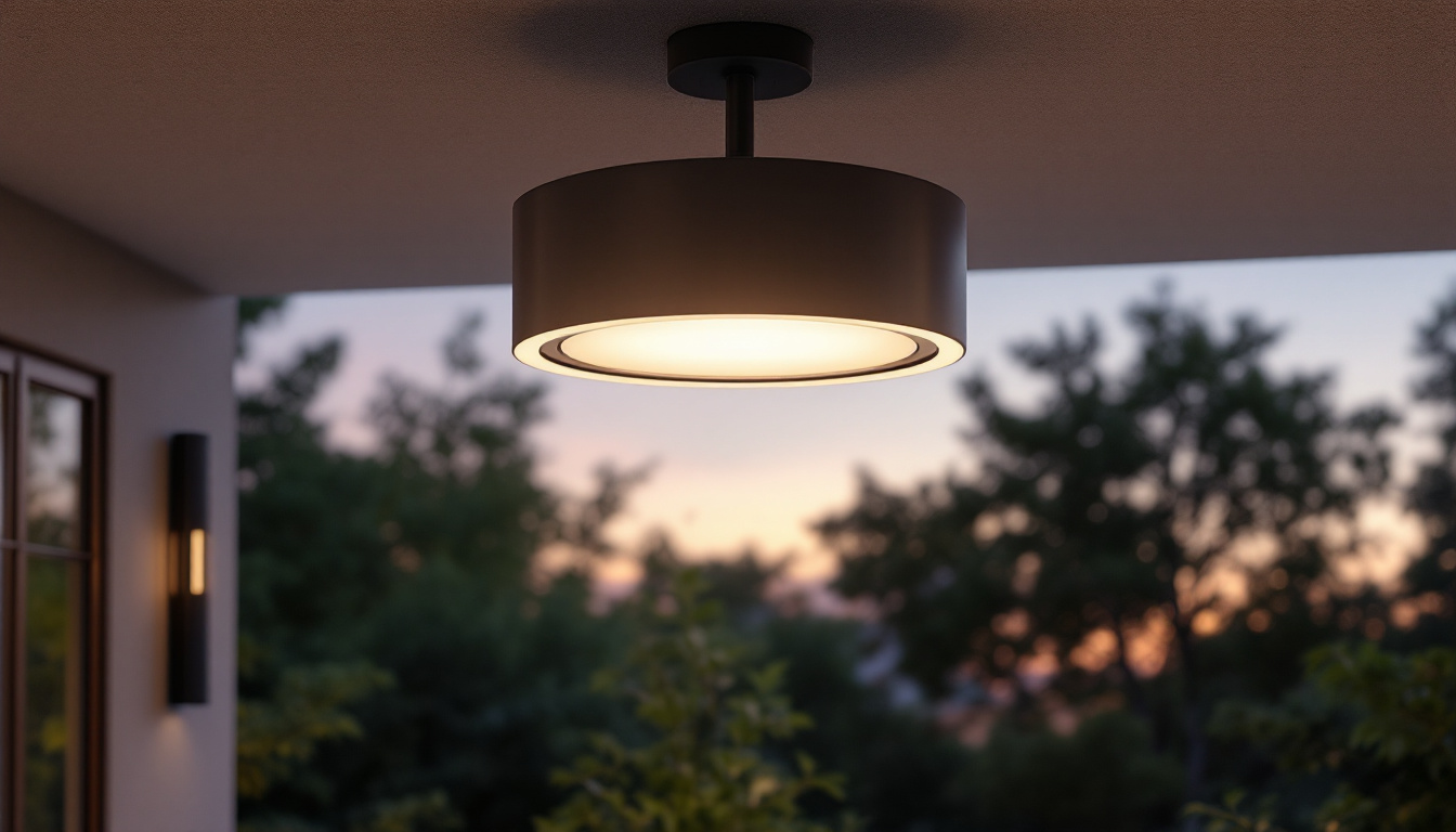 A photograph of a beautifully designed waterproof outdoor ceiling light installed in a serene outdoor setting