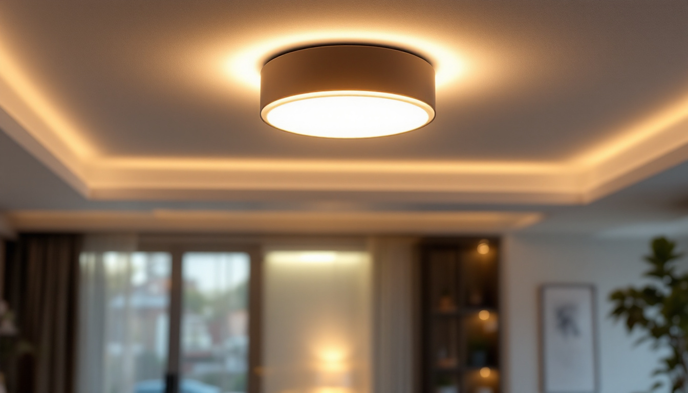 A photograph of capture a photograph of a stylish led flush mount light fixture installed in a modern living space