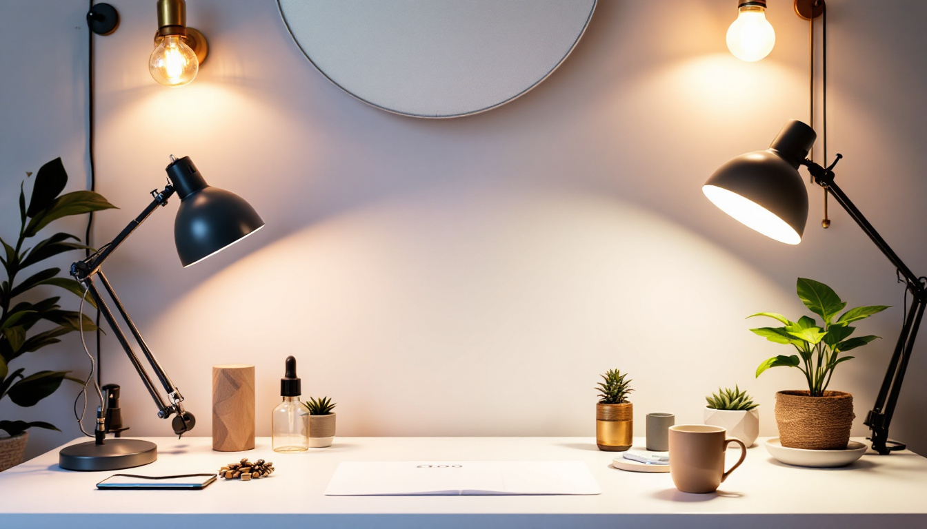 A photograph of a stylishly arranged workspace featuring various lighting fixtures