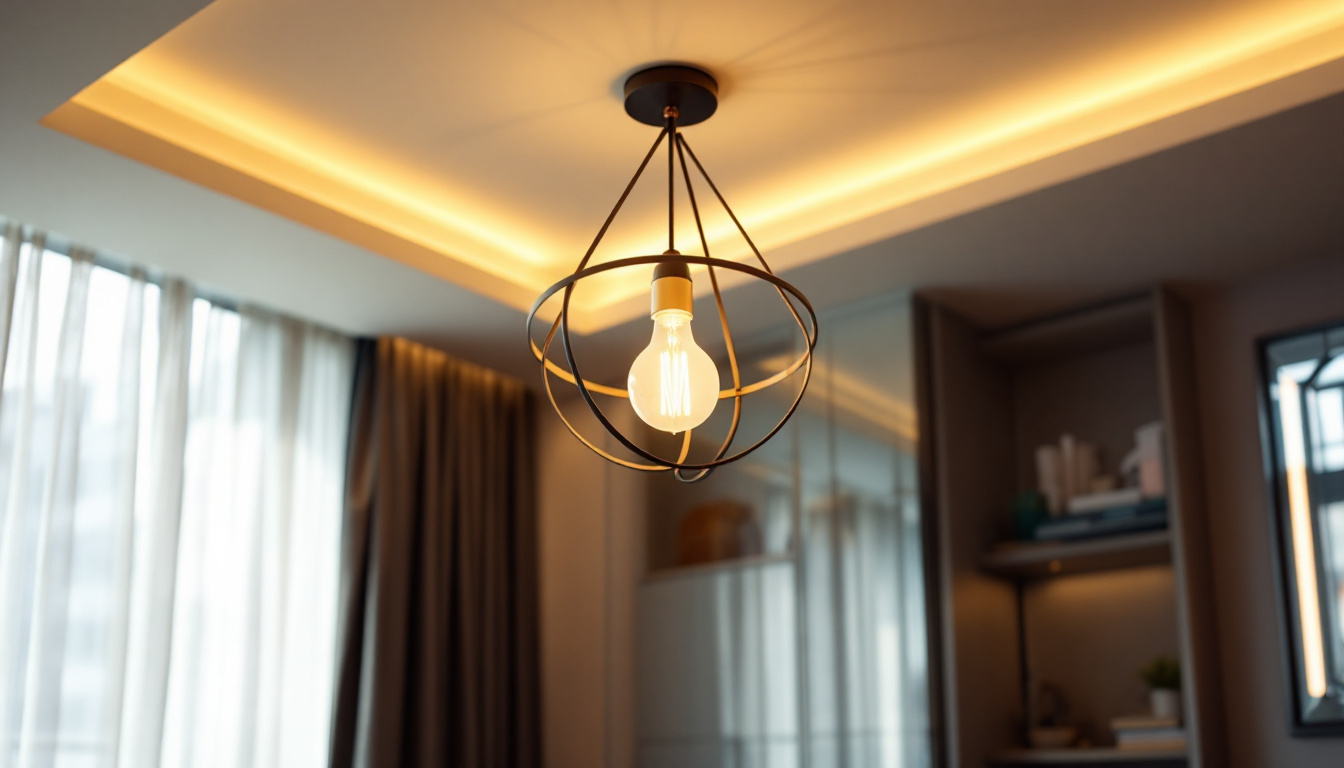 A photograph of a stylish overhead light fixture illuminating a beautifully designed room