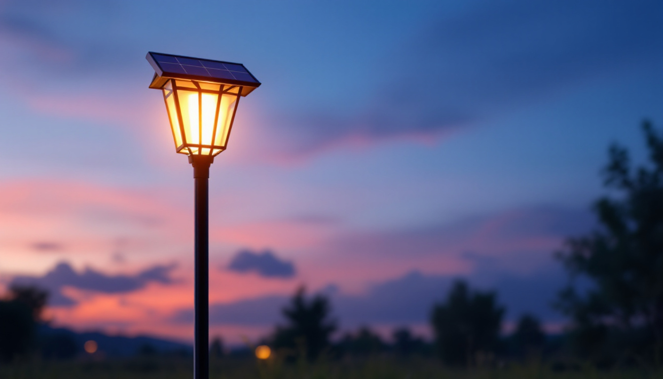 A photograph of a beautifully illuminated solar light post in a serene outdoor setting during twilight