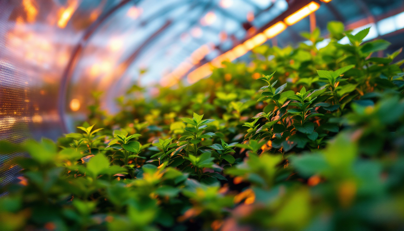 A photograph of a vibrant plastic panel greenhouse filled with lush green plants