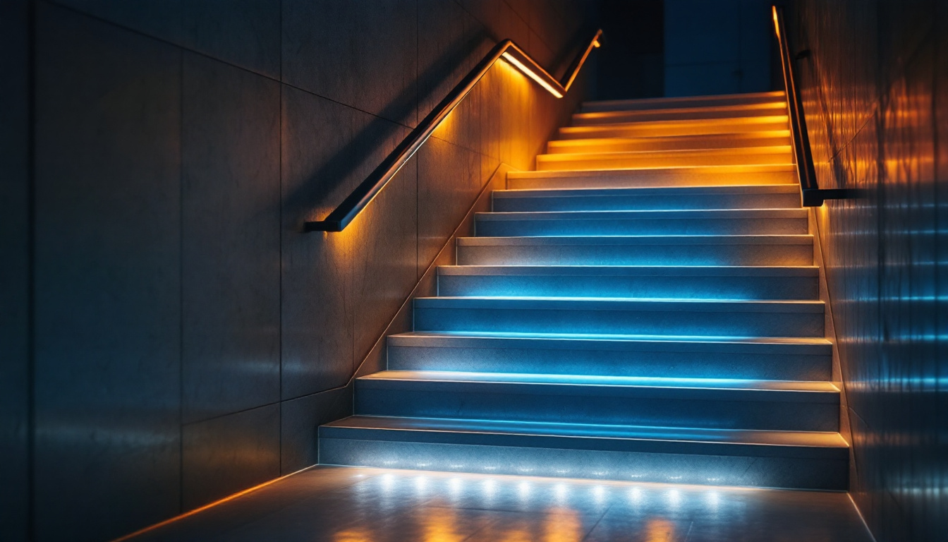 A photograph of a beautifully illuminated staircase featuring led lights integrated into the steps or railing