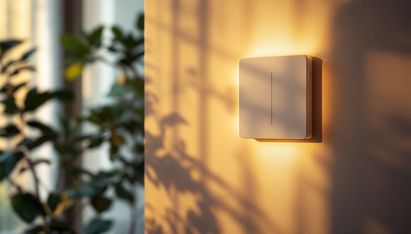 A photograph of a modern digital light switch in a stylishly lit room