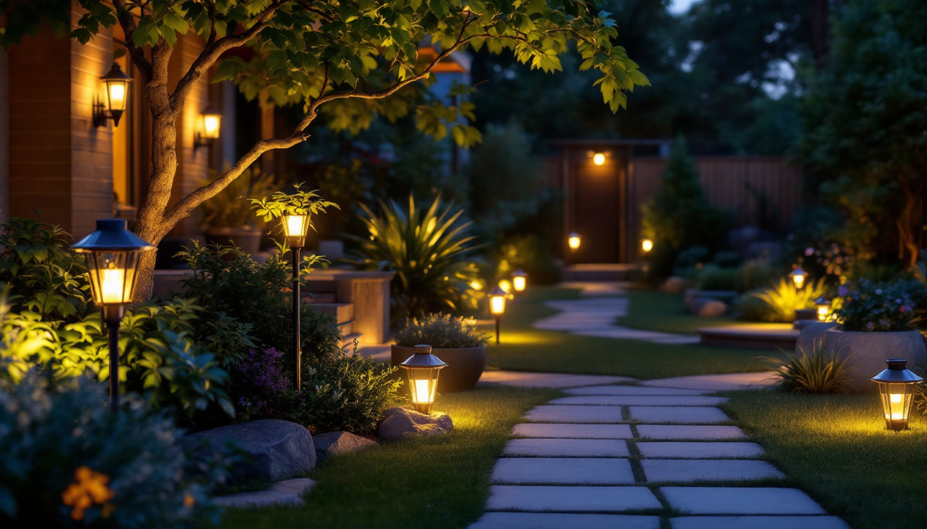 A photograph of a beautifully illuminated outdoor space featuring various styles of solar outdoor lights in use