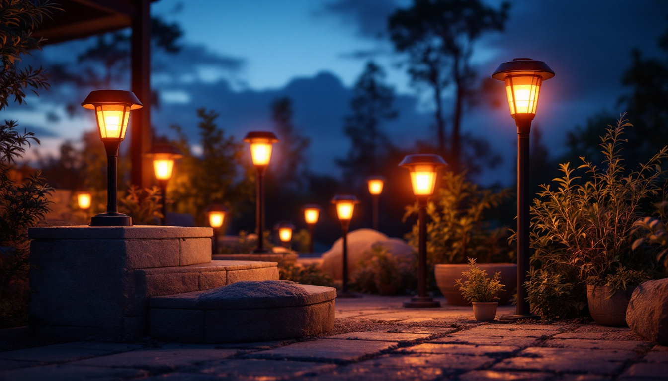 A photograph of capture a photograph of a beautifully illuminated outdoor setting featuring solar lamps in various styles