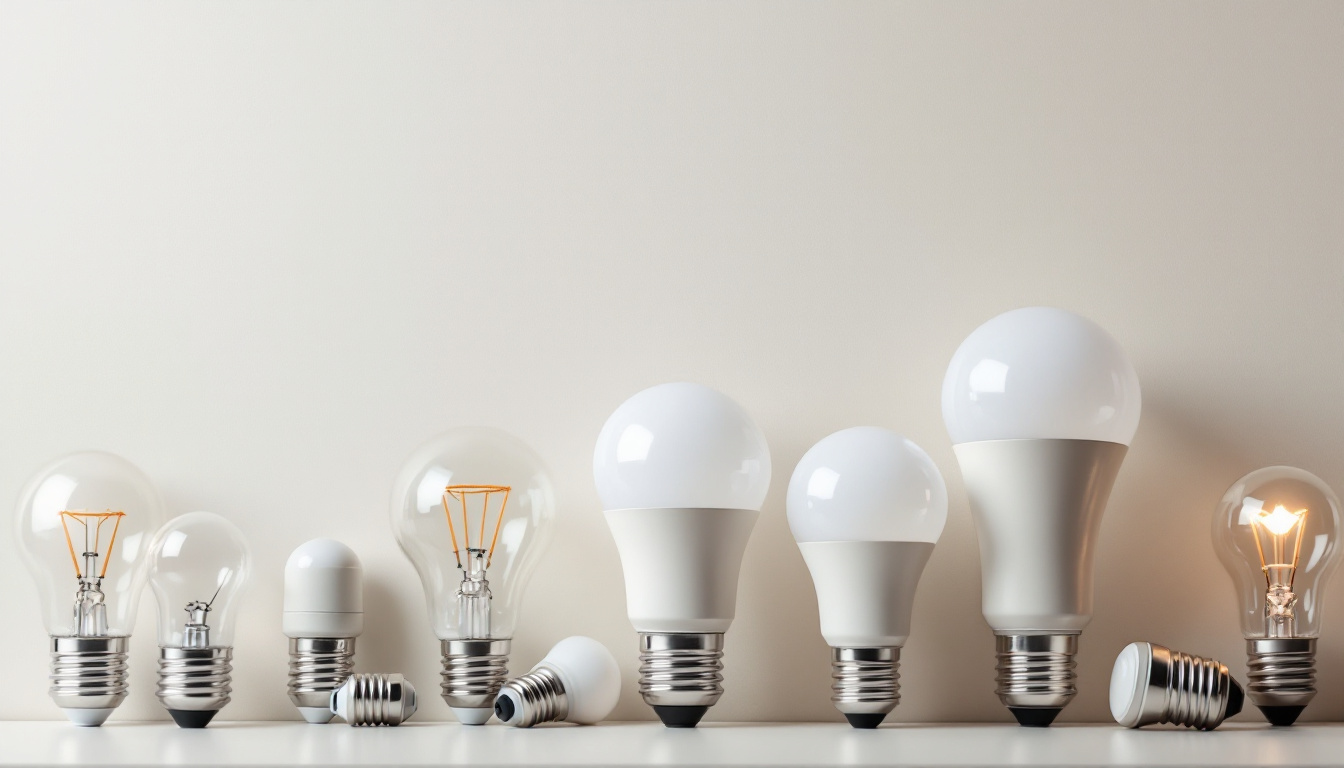 A photograph of a variety of lamp bulb base types arranged aesthetically on a neutral background