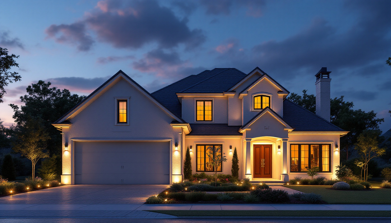 A photograph of a beautifully illuminated exterior of a house at dusk
