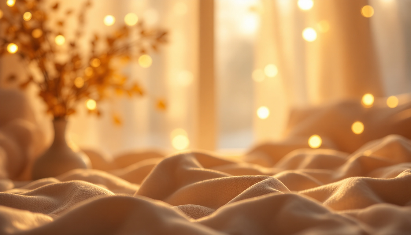 A photograph of a softly lit scene featuring warm light tones
