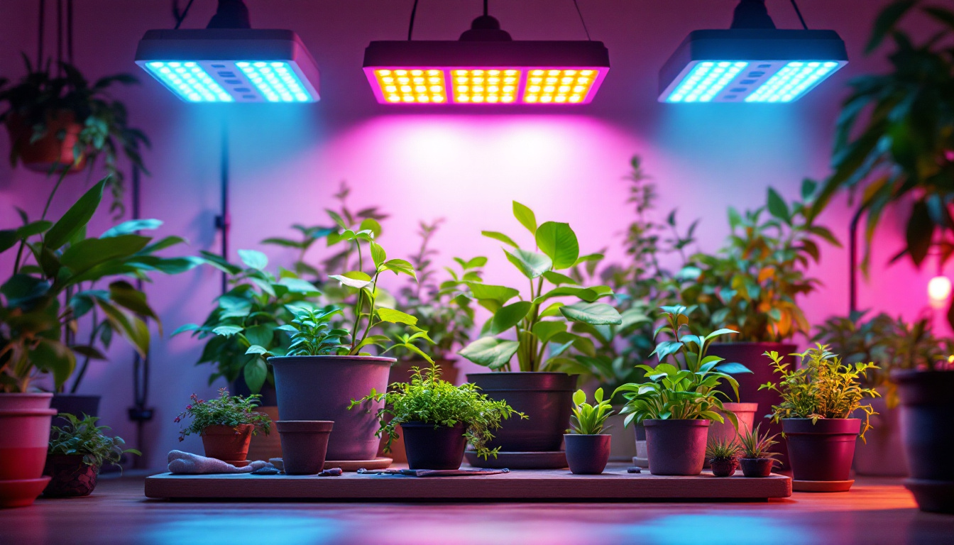 A photograph of a vibrant indoor garden setup featuring various plants thriving under different types of grow lights