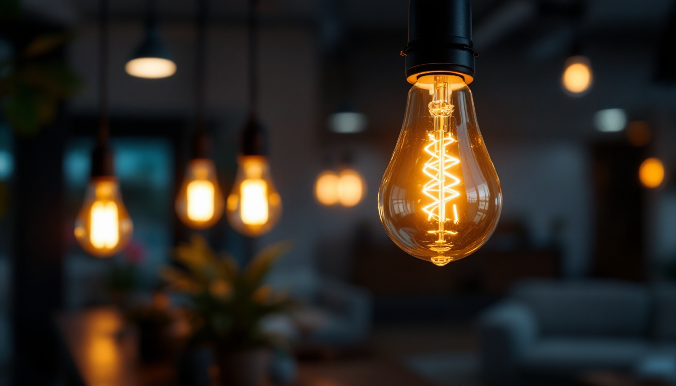 A photograph of a type b light bulb illuminated in a contemporary setting