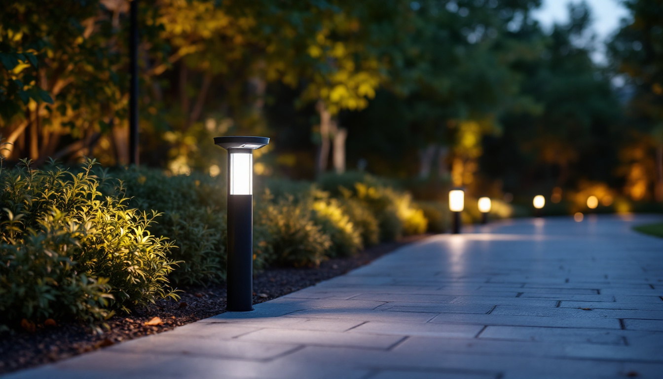 A photograph of a beautifully illuminated outdoor space featuring various sensor lights in action