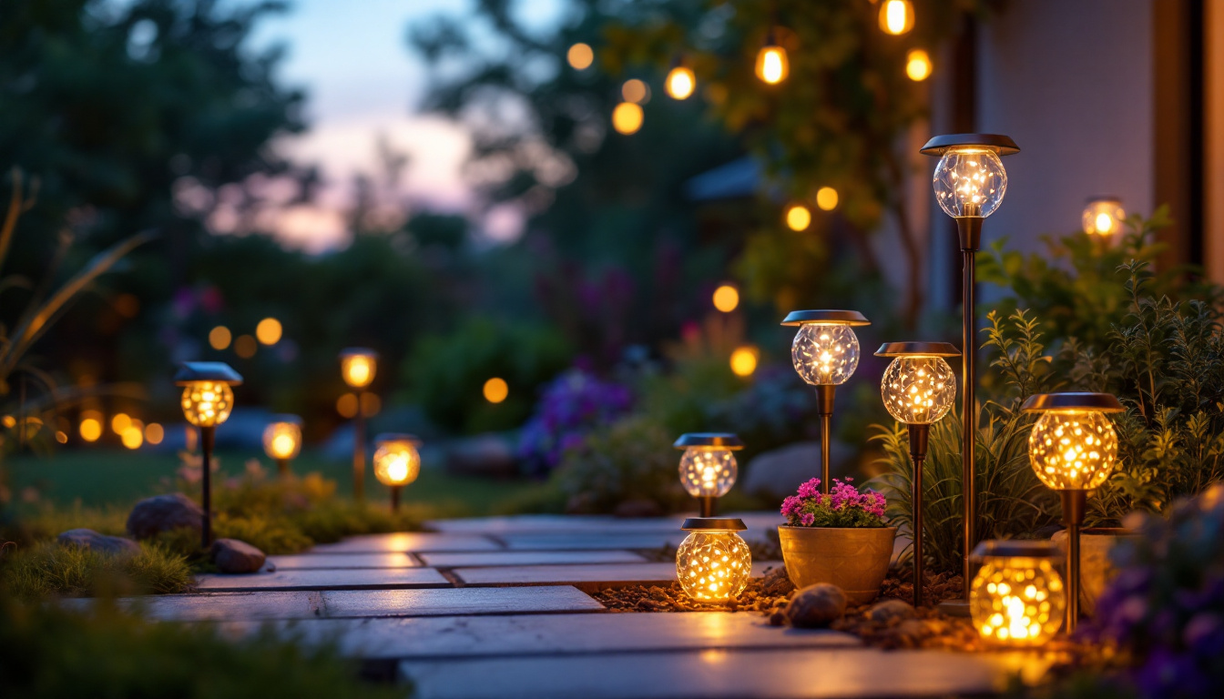 A photograph of a beautifully arranged outdoor scene featuring various solar lights illuminating a garden or patio at dusk