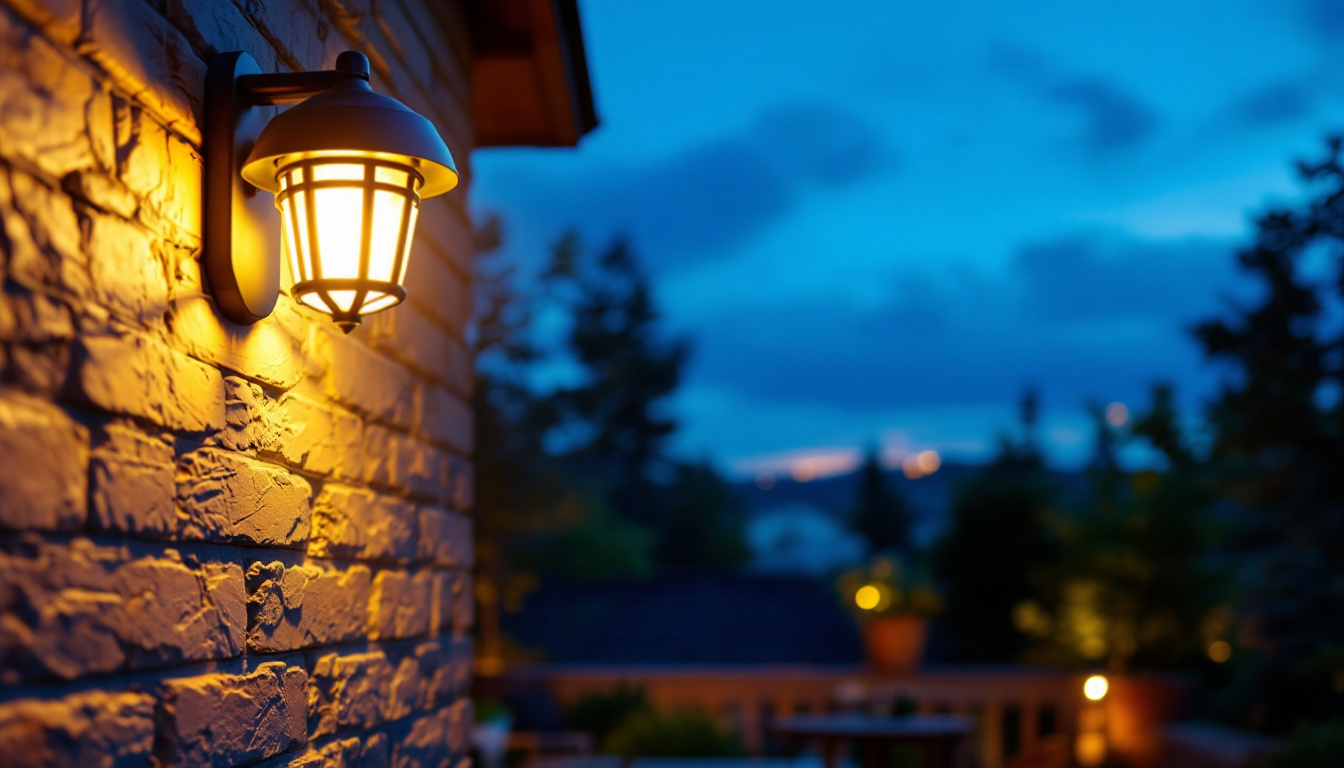 A photograph of a beautifully designed security lamp illuminating a cozy outdoor space at dusk