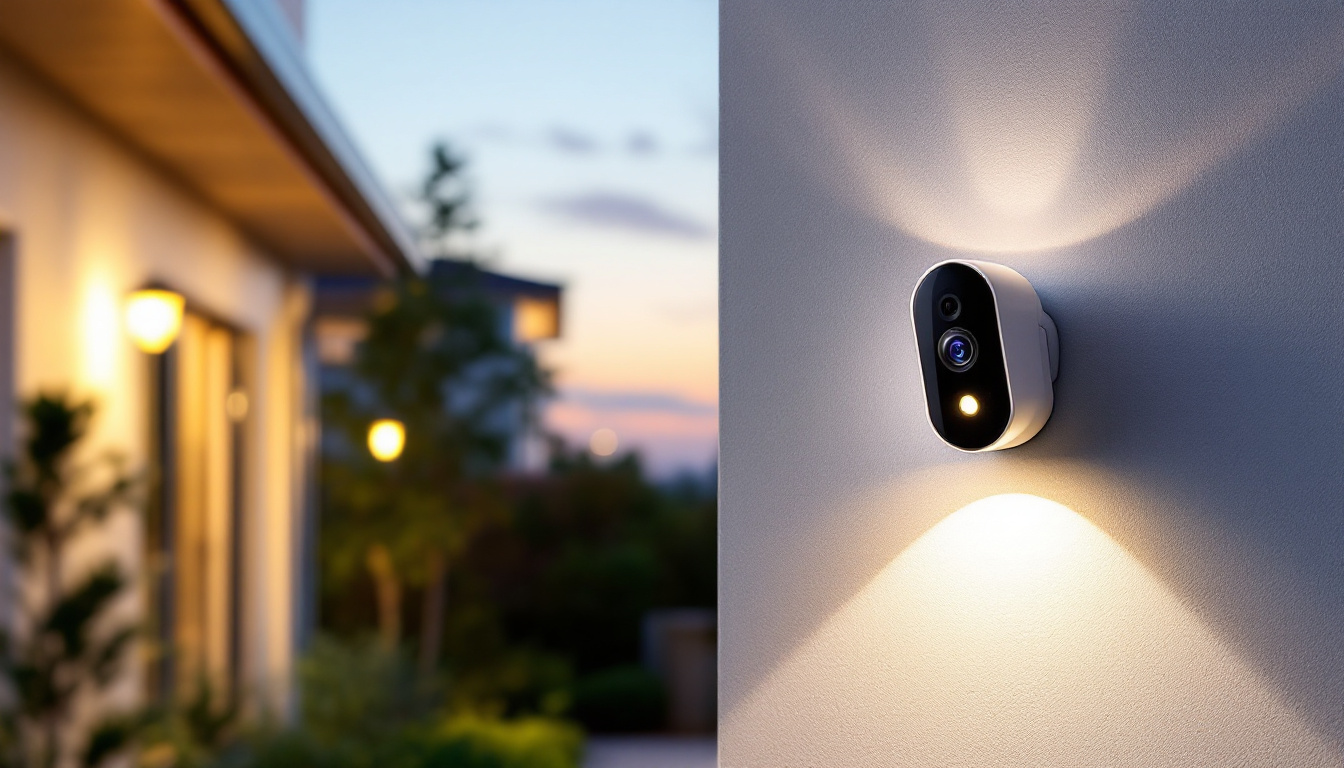 A photograph of a well-lit outdoor space featuring a dusk-to-dawn security light with an integrated camera