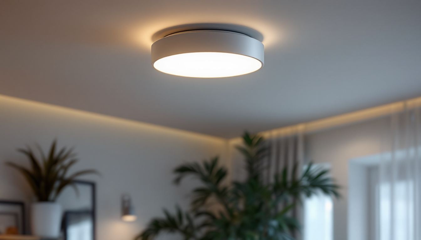 A photograph of a sleek and modern maxim 7.5 led flush mount light fixture installed in an aesthetically pleasing room setting