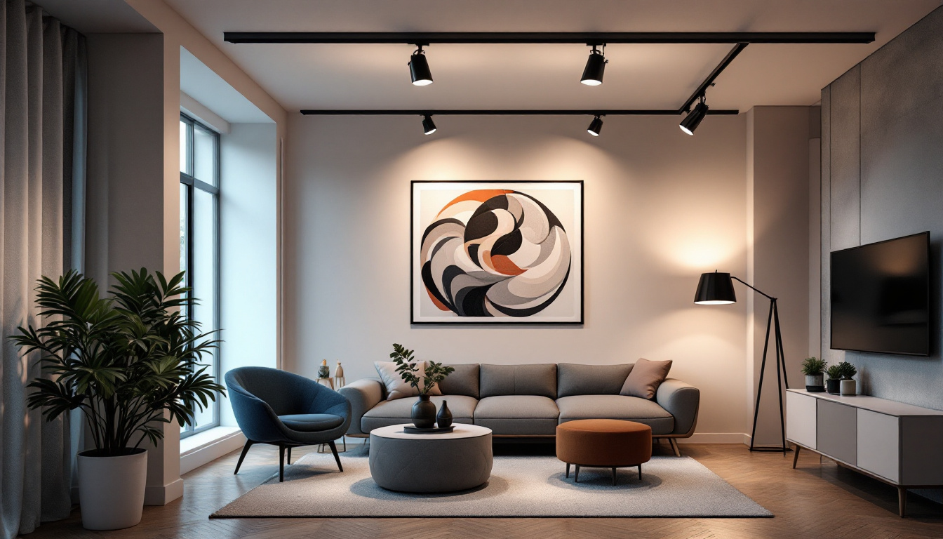 A photograph of a stylish interior space featuring a modern track lighting system