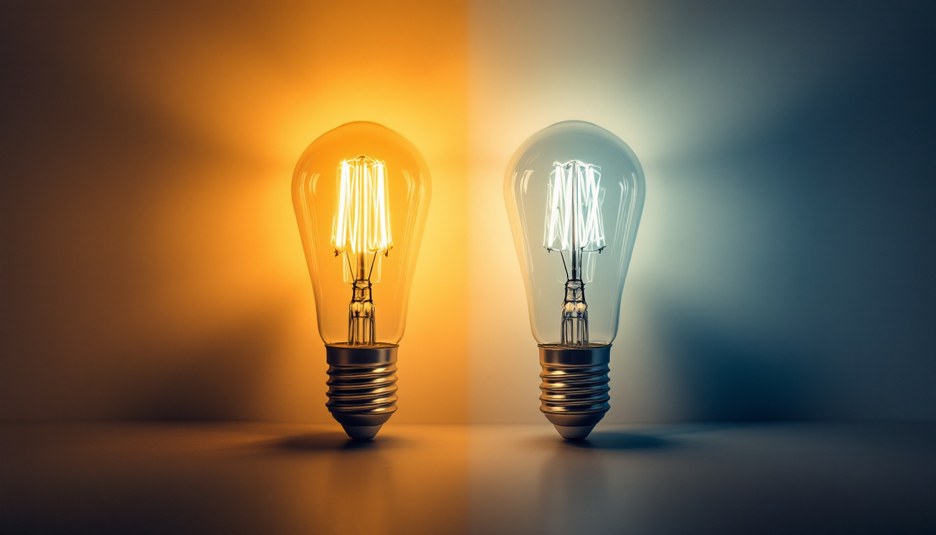 A photograph of capture a photograph of a side-by-side comparison of a fluorescent light bulb and an led bulb illuminating a space