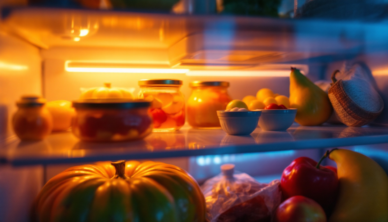 A photograph of a close-up view of a refrigerator interior with the light turned on