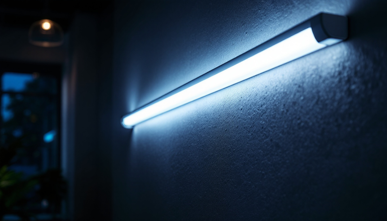 A photograph of a brightly lit fluorescent tube lamp in an indoor setting