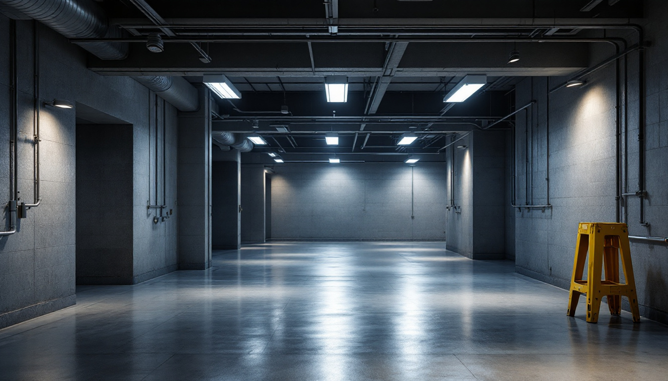 A photograph of a well-lit industrial or commercial basement showcasing modern lighting solutions