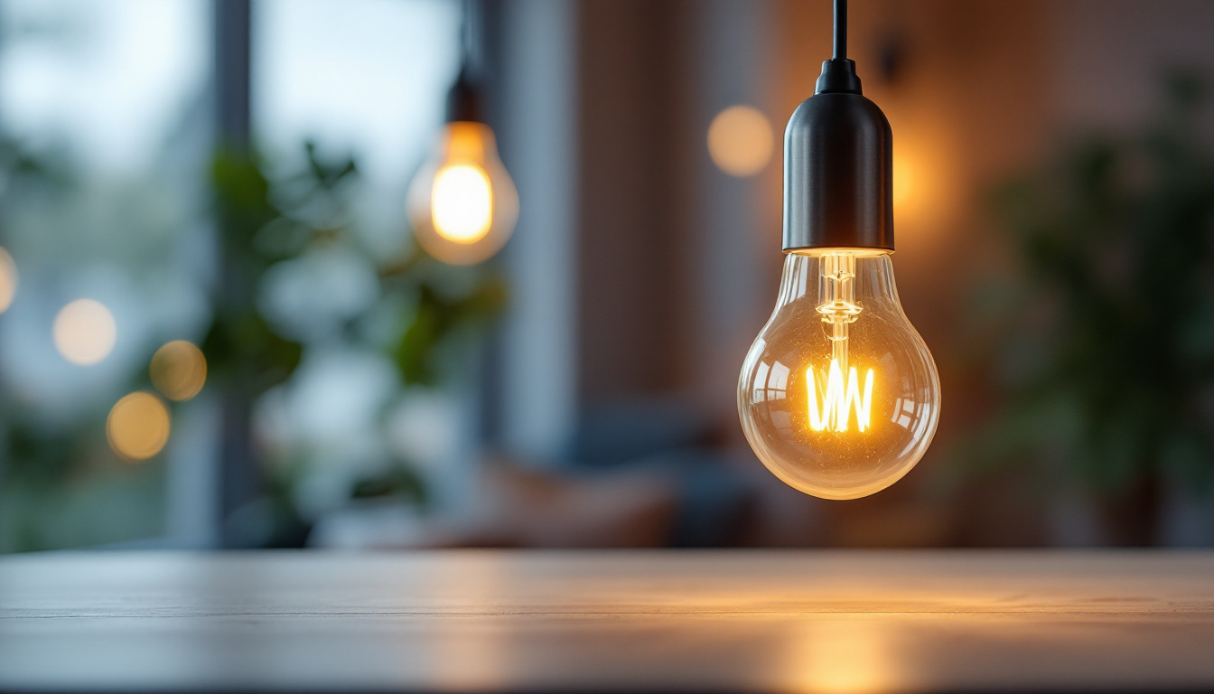 A photograph of a modern led bulb fixture in a stylishly lit room