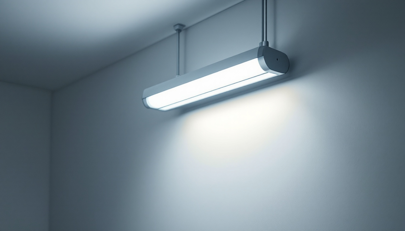 A photograph of a well-lit room featuring a 4-foot fluorescent two-bulb fixture