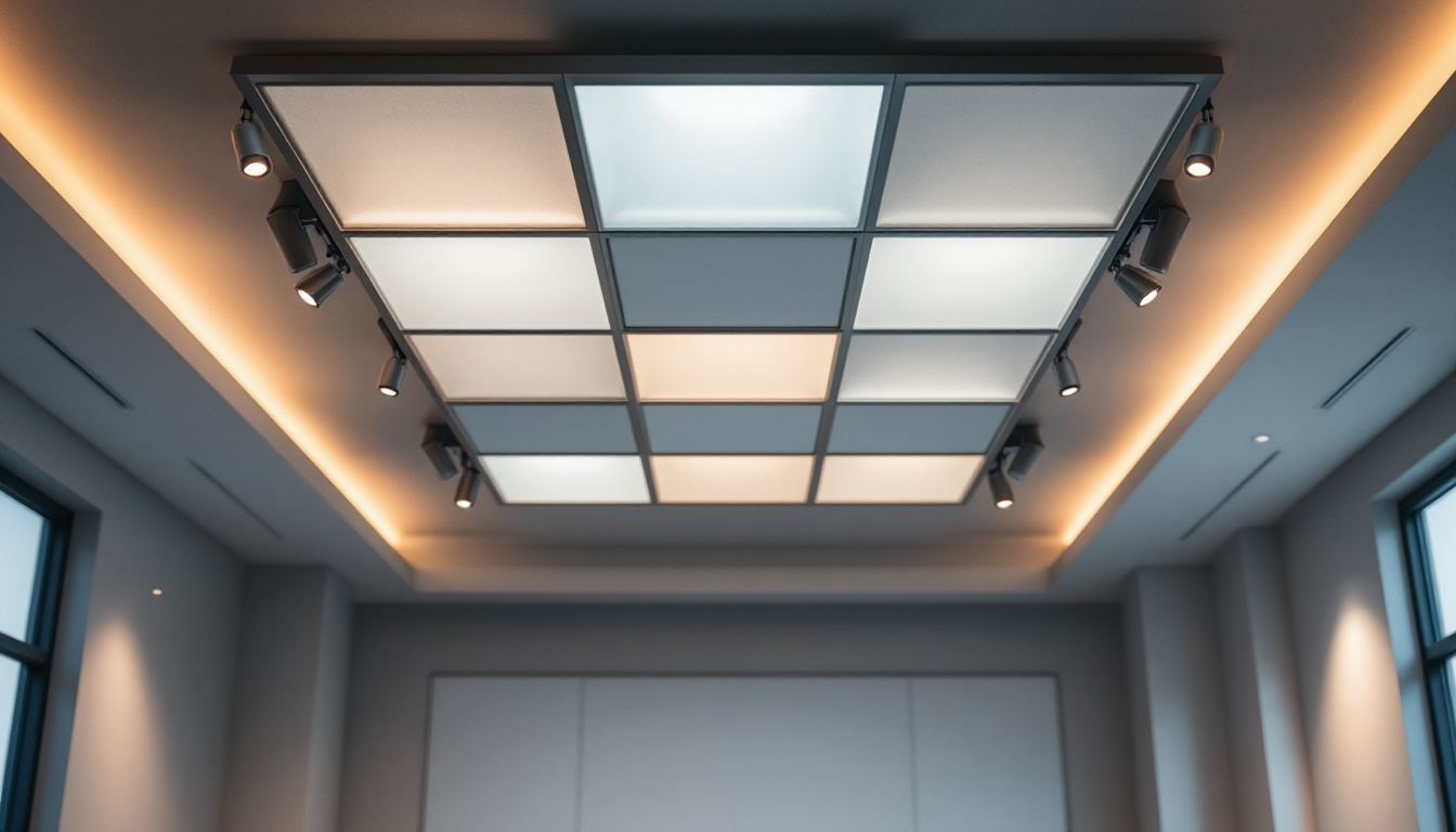 A photograph of a beautifully lit room featuring a drop ceiling with stylish light covers