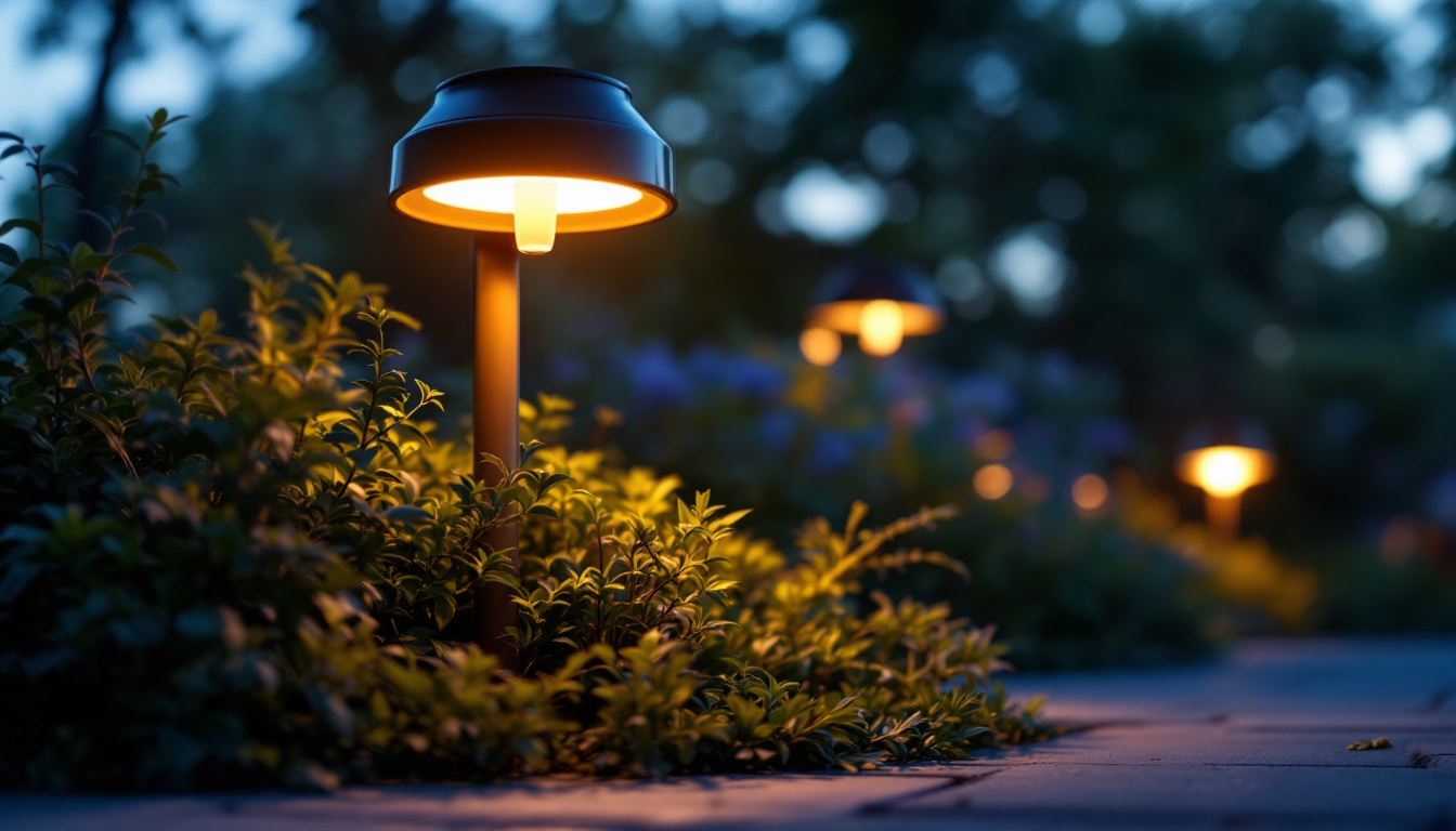 A photograph of a beautifully designed solar led light illuminating a garden or outdoor space at dusk