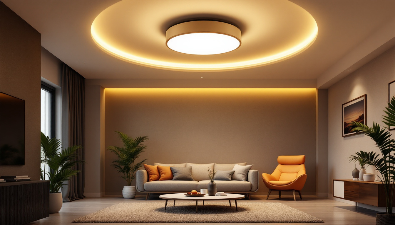 A photograph of a stylish round led ceiling light installed in a modern interior setting
