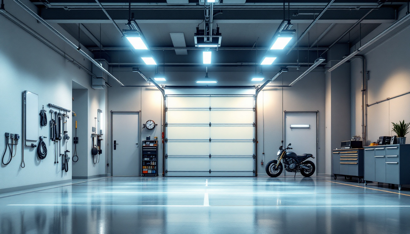 A photograph of a well-lit garage showcasing various led fixtures installed in different areas