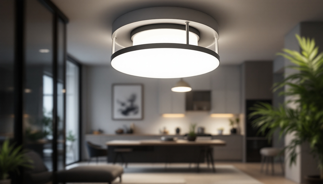 A photograph of capture a photograph of the maxim 7.5 led flush mount 57643 light fixture installed in a stylish interior setting