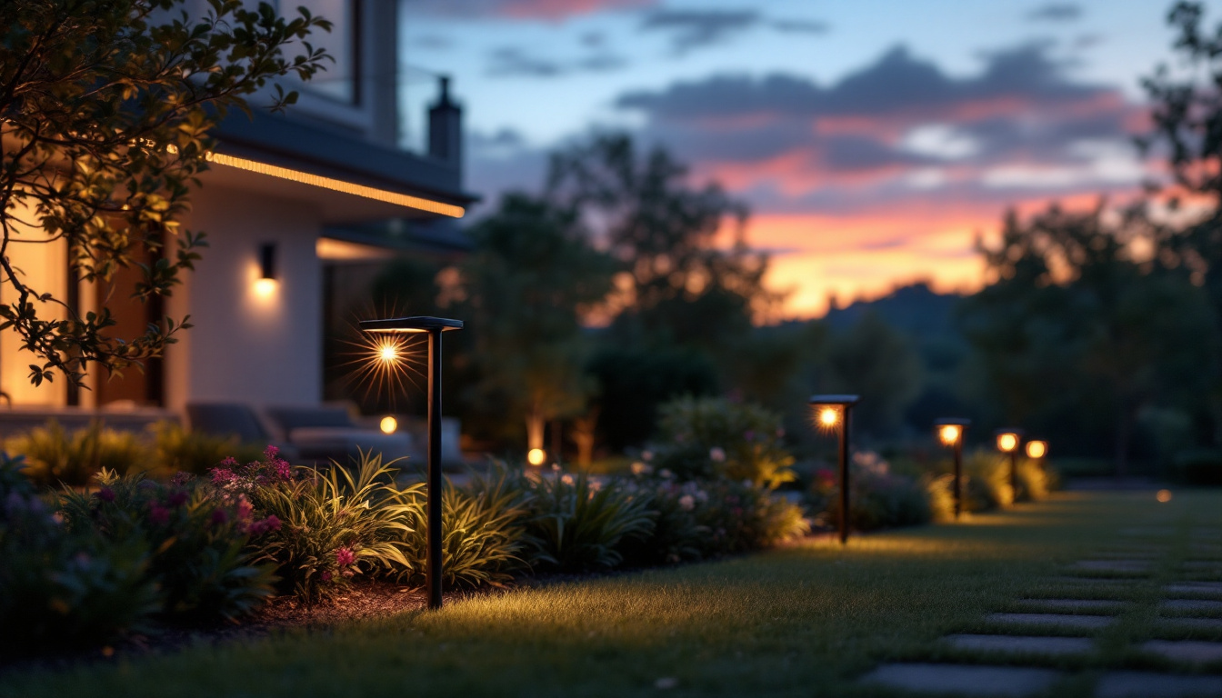 A photograph of a beautifully illuminated outdoor space featuring modern solar lights