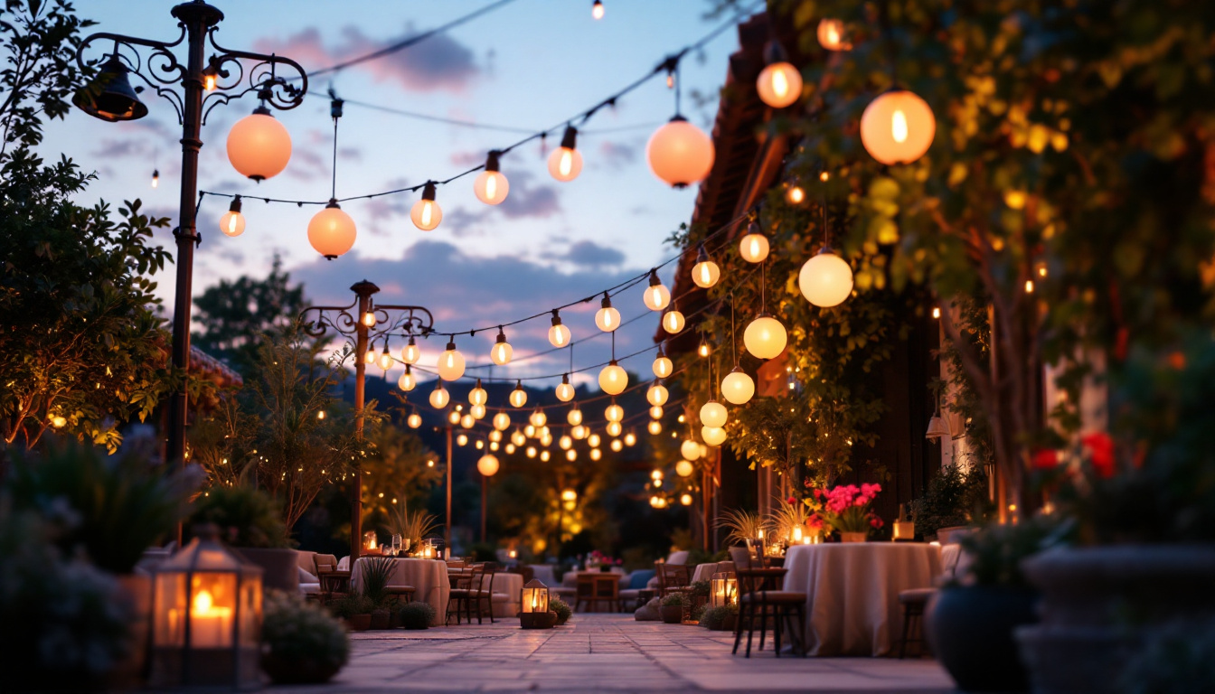 A photograph of a beautifully arranged outdoor setting featuring large hanging lights that illuminate the area