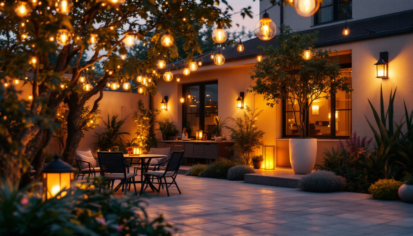 A photograph of a beautifully illuminated outdoor space featuring various stylish light fixtures