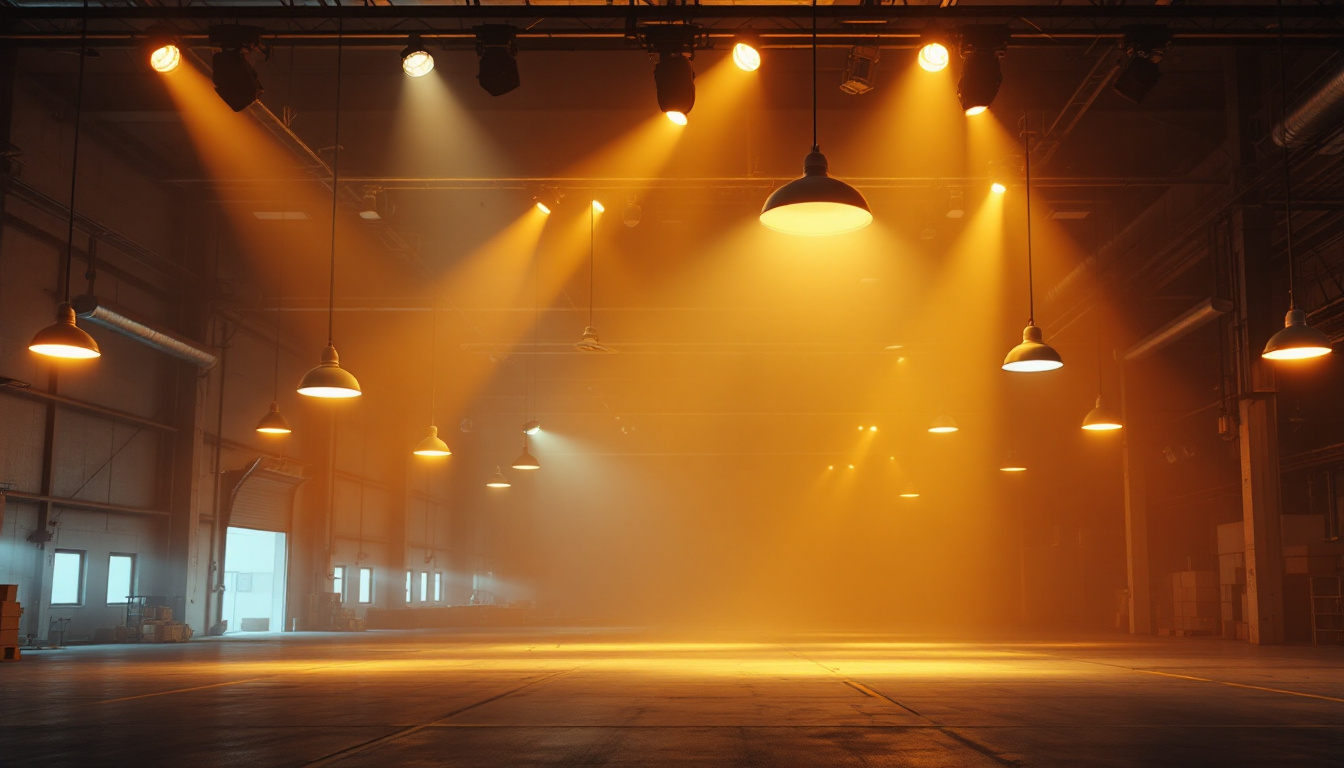 A photograph of a well-lit warehouse interior showcasing various lighting setups
