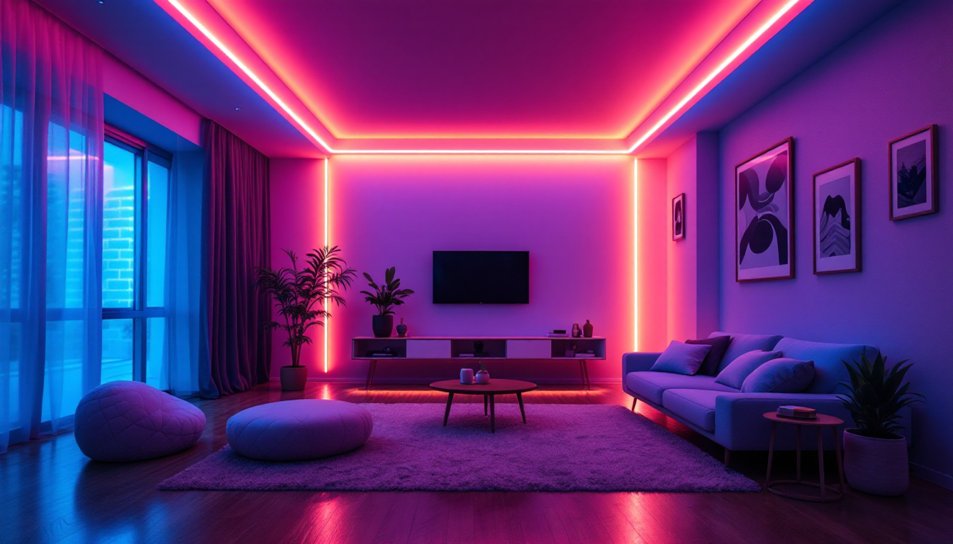 A photograph of a beautifully designed room featuring vibrant led strip lights elegantly installed along the ceiling