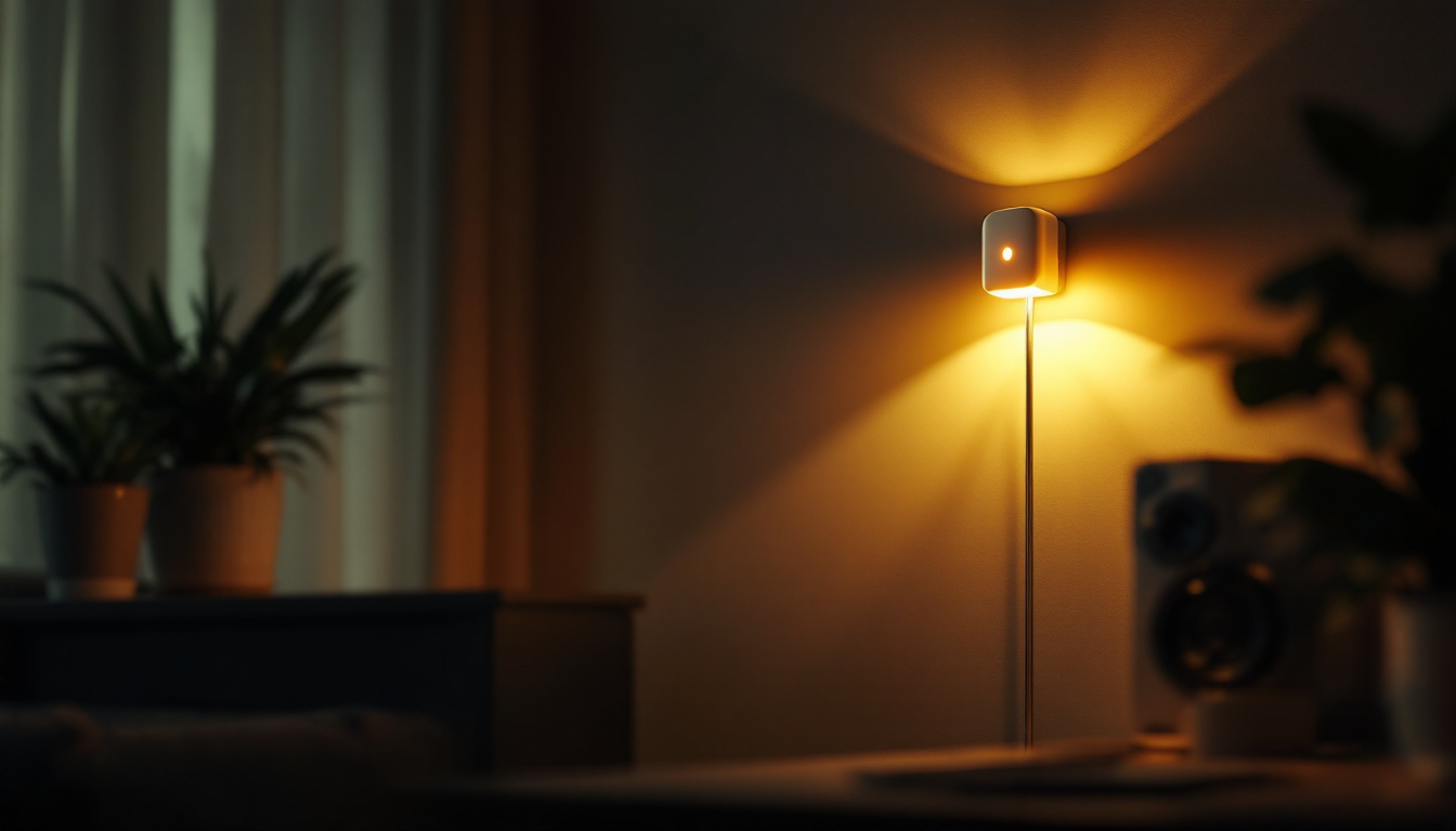 A photograph of a dimly lit room illuminated by a stylish emergency light with battery backup